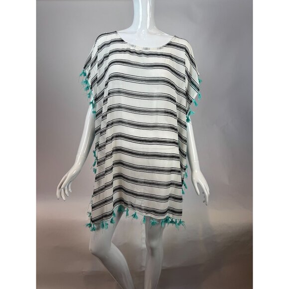 Black & White Striped Lightweight Kaftan With Tassels One Size 100% Polyester Wo - Picture 12 of 16